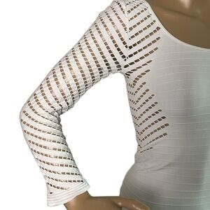 BEBE  women fitted white top,mini cut outs,stretchy,bodycon,striped,retro